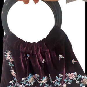 Velvet beaded bracelet bag. Purple with pink / blue beading